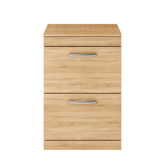 The Nuie Athena Floor Standing 600mm Two Drawer Vanity With Worktop is a truly impressive piece. The high quality matching worktop adds a touch of elegance and allows for seamless integration with any vessel basin of your choice.