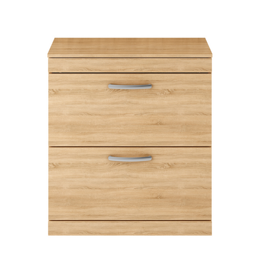 The Nuie Athena Floor Standing 800mm Two Drawer Vanity With Worktop is truly a standout piece in any bathroom. The high quality matching worktop adds a touch of elegance and can be paired with any of your vessel basins. The natural oak finish is absolutely stunning and adds a designer look to any modern bathroom.