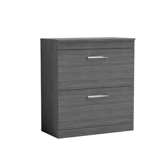 The Nuie Athena Floor Standing 800mm Two Drawer Vanity with Worktop is a stunning addition to any modern bathroom. The high quality matching worktop adds a touch of elegance and is compatible with any vessel basin.The Anthracite Woodgrain finish is eye catching and adds a designer look to the space.