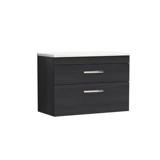 The Nuie Athena Wall Hung 800mm Two Drawer Vanity With Sparkling White Worktop is a stunning addition to any modern bathroom. The striking Charcoal Black finish adds a touch of sophistication, creating a truly designer look. Not only does this wall hung unit exude style, but it also maximizes space in your bathroom, making it appear larger and more open. 