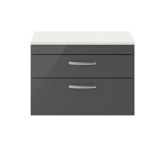 The Nuie Athena Wall Hung 800mm Two Drawer Vanity with Sparkling White Worktop is simply stunning. Its sleek gloss grey finish adds a touch of elegance to any modern bathroom, creating a highly desirable designer look. Not only does this wall hung unit enhance the aesthetics of your bathroom, but it also maximises space, giving the illusion of a larger bathroom. The soft close drawers are a great feature, limiting daily wear and tear and ensuring a quieter closing action.
