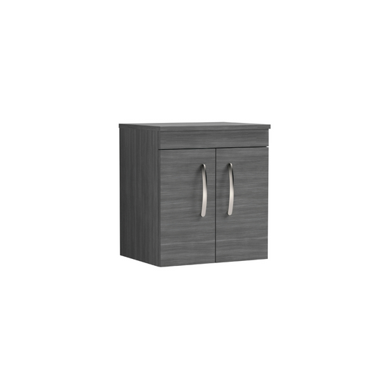 The Nuie Athena Wall Hung 500mm Two Door Vanity With Worktop is a truly exceptional addition to any modern bathroom. Its unique Anthracite Woodgrain finish adds a touch of sophistication and effortlessly complements the overall aesthetic, creating a designer look that is sure to impress.