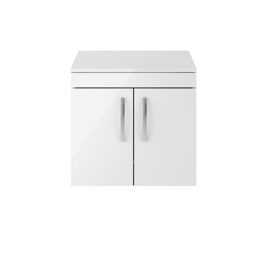 The Nuie Athena Wall Hung 600mm Two Door Vanity With Worktop is a stunning addition to any modern bathroom. Its sleek gloss white finish adds a touch of elegance and sophistication, creating a truly designer look. Not only does this wall hung unit add style to your bathroom, but it also creates the illusion of a bigger space, making your bathroom feel more spacious and open.