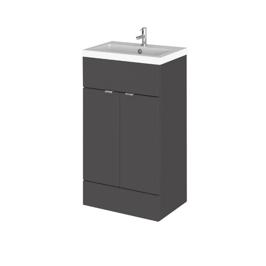 The Hudson Reed Fusion Floor Standing 500mm Gloss Grey Vanity Unit is a chic and stylish addition to any bathroom. The high gloss grey finish adds a touch of modern sophistication, creating a sleek and contemporary look in the space. The full-depth design of the unit provides ample storage space, making it perfect for a busy family bathroom where organisation is key.