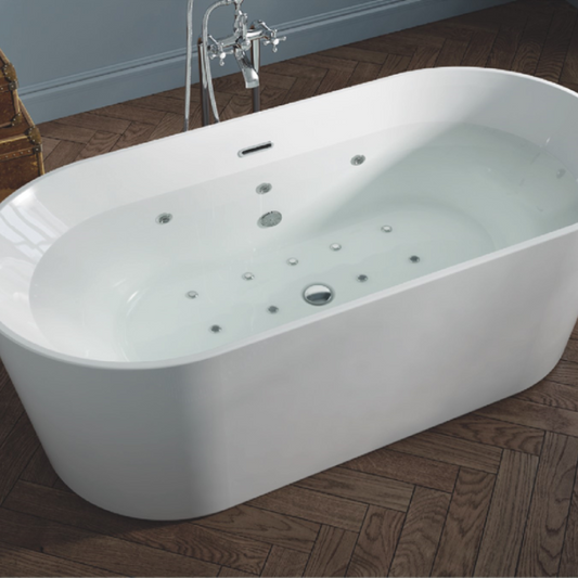 Transform your bathroom into a spa-like oasis with this beautiful, modern freestanding whirlpool bath. Boasting sleek, symmetrical lines and gentle curves, this bath offers a striking centrepiece that exudes comfort and luxury. Designed with performance in mind, it features powerful whirlpool jets that soothe tired muscles and promote relaxation. Enhance your bathing experience with this beautifully crafted freestanding bath that is sure to make a statement in your bathroom.