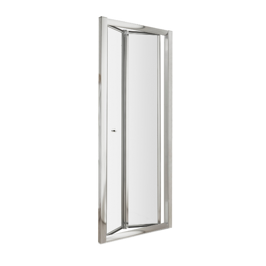 The Nuie Ella 760mm Bi Fold Door with its satin chrome frame is a stunning addition to any bathroom. The reversible bi fold design allows the door to open inward, optimising space and creating a seamless flow. The 5mm toughened safety glass ensures durability and peace of mind. This door can be used with side panels or within a recess, providing versatility to suit any bathroom layout.
