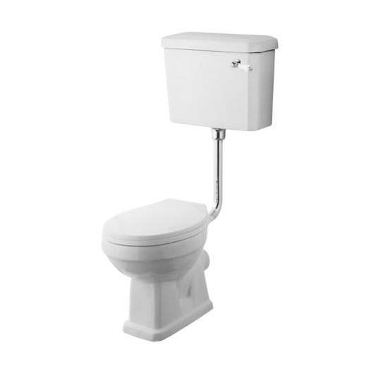 The Nuie Carlton Low Level Pan, Cistern & Flush Pipe Kit combines classic design with practicality. The kit comes complete with a low level pan, cistern, and flush pipe. The pan is constructed from high quality vitreous China and features a durable white finish. The cistern comes with a stylish chrome lever handle and a 6/4 litre dual flush mechanism, making it water efficient and eco friendly. The flush pipe is chrome plated and adds an elegant touch to the traditional design of this kit.