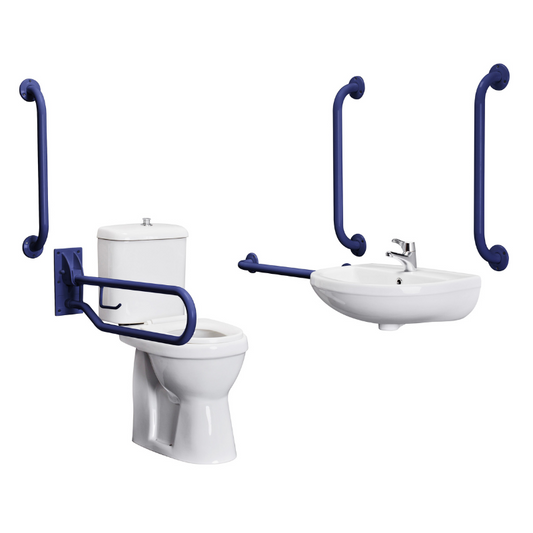 The Nuie Doc M Pack in Blue is a functional and stylish solution for disability accessible bathrooms. It includes a Doc M compliant close coupled toilet, comfort Doc M Pan, a toilet seat, wall mounted basin, five grab rails (fifth rail to be fitted to the back of the door), one drop rail and a spray mixer tap. 