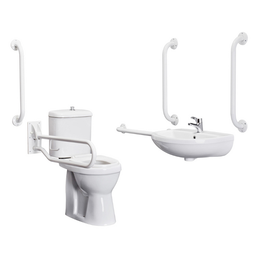 Introducing the Nuie Doc M Pack White – a comprehensive solution to meet the needs of users with reduced mobility in public and home washrooms. This Doc M Pack includes a white comfort height pan, cistern, a wall mounted basin, five grab rails (fifth rail to be fitted to the back of the door) and one drop down rail. 