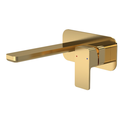 Nuie Windon Brushed Brass Wall Mounted Two Tap Hole Basin Mixer With Plate is a stylish and modern addition to any bathroom or washroom. Its contemporary angular design is sure to catch the eye, while the striking brushed brass finish adds a touch of elegance and luxury. 