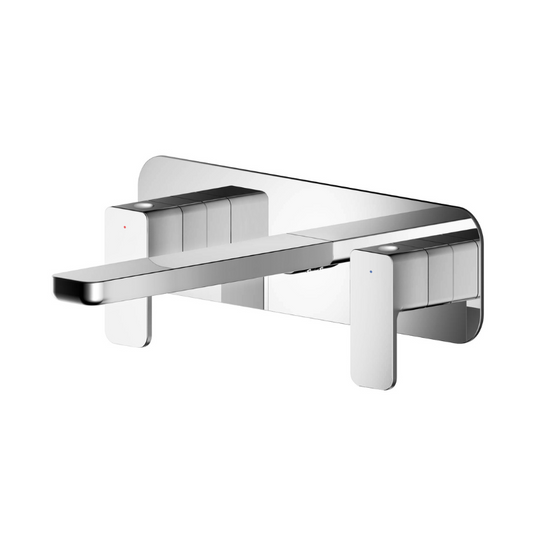 The Nuie Windon Chrome Wall Mounted Three Tap Hole Basin Mixer With Plate is an exceptional piece of bathroom hardware that effortlessly combines stunning contemporary design with excellent functionality. The mixer features a luxury chrome finish that exudes sophistication and elegance while its angular design adds a touch of modernity and style to any bathroom.