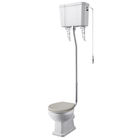 The Old London Richmond Comfort Height High Level WC & Flush Pipe is an elegant and stylish toilet designed with comfort in mind. The comfort height feature means that the toilet is raised to a more comfortable level, making it easier to sit and stand, especially for those with mobility issues. This toilet features a high level cistern that adds a touch of vintage styling to any bathroom. The flush pipe kit is included, completing the aesthetic look of the toilet.