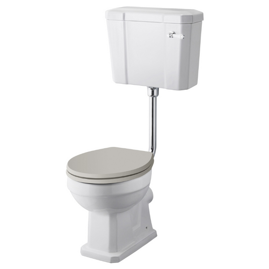 The Old London Richmond Low Level Pan, Cistern & Flush Pipe Kit is a traditional and elegant toilet set that adds a classic touch to any bathroom. The pan has a sleek, low level design that is easy to use and maintain, while the cistern has a high quality ceramic construction that is strong and durable.