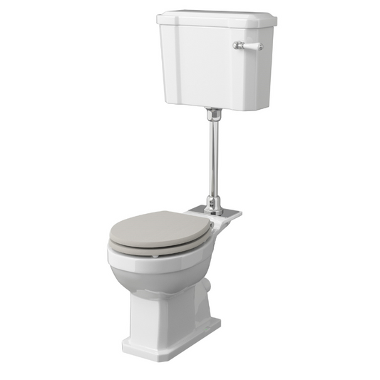 The Old London Richmond Mid Level Pan, Cistern & Flush Pipe Kit is a complete toilet package that includes a traditional Victorian style mid level cistern, pan, and flush pipe kit. The pan is constructed from high quality ceramic and features a classic white finish that complements any traditional bathroom decor. The cistern and flush pipe kit are also crafted from premium materials and have a chrome finish that adds a touch of elegance to the overall design.