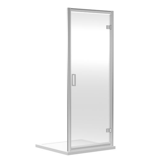 The Nuie Rene 800mm Hinged Door with Satin Chrome frame is truly a masterpiece. The reversible outward opening hinged door adds versatility and convenience to any shower space.